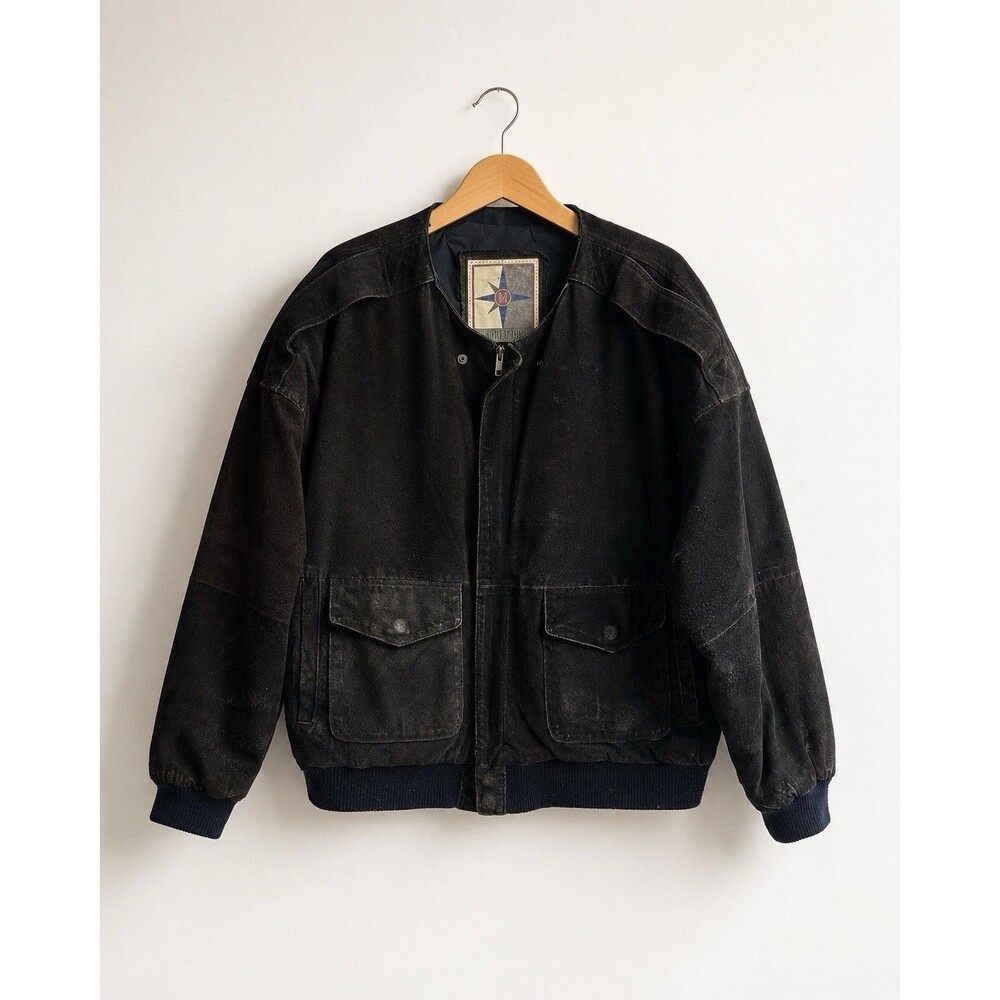 Vintage Black Suede Leather Bomber Jacket Men’s Large Minimalist Grunge 90s